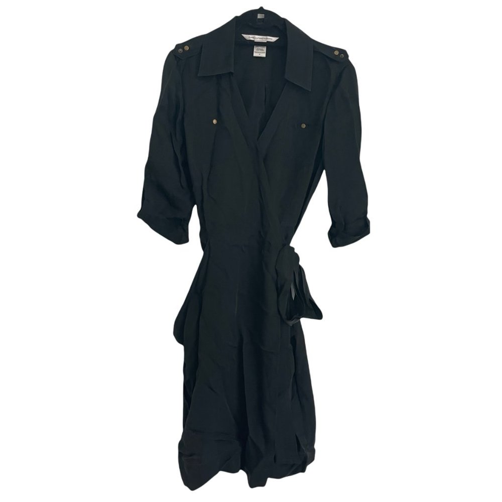 Diane von Furstenberg V-Neck Collared Wrap Dress Black Size 10